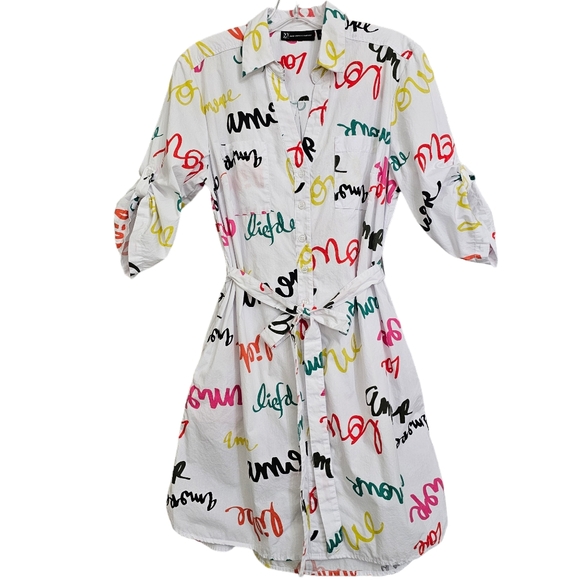 Nwot NY & CO White & Multicolored Script Words 3\4Sleeve Collared Shirt Dress - Picture 16 of 16